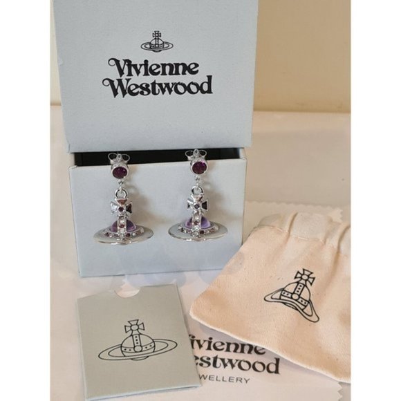 Vivienne Westwood 3D silver tone Purple Orb drop Earrings New with Box - Picture 1 of 12